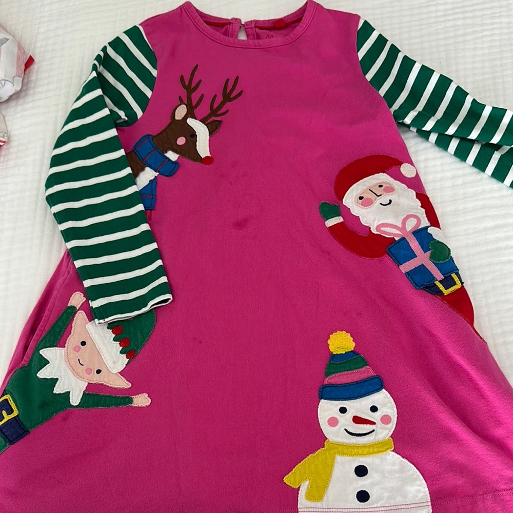Mini Boden Pink Holiday Dress with Green Striped Sleeves
